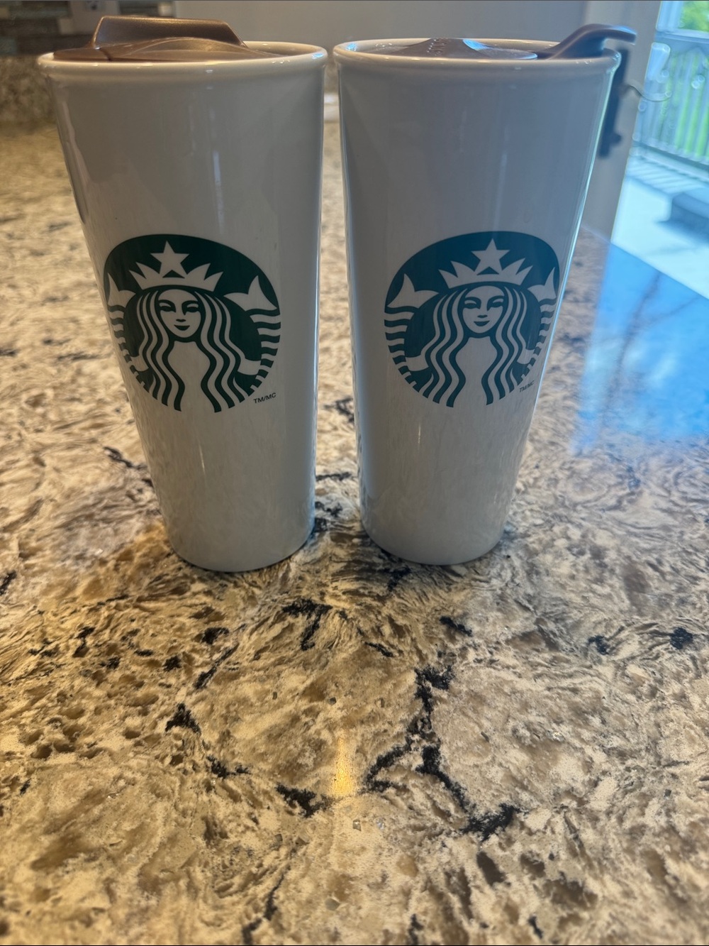 Starbucks White Ceramic Travel Mugs with Green Logo - Set of 2